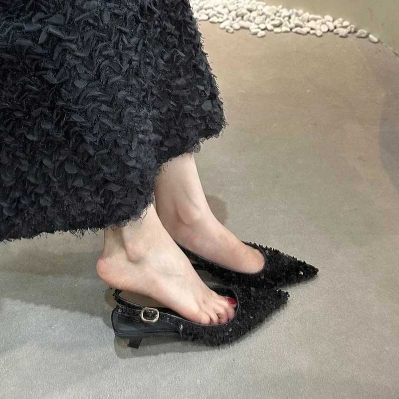 Wens Single Shoes with H Bling Pointed Toe Thin H Shoes Wen French A Sense of High-end Banquet Sandals The Woman Y250304