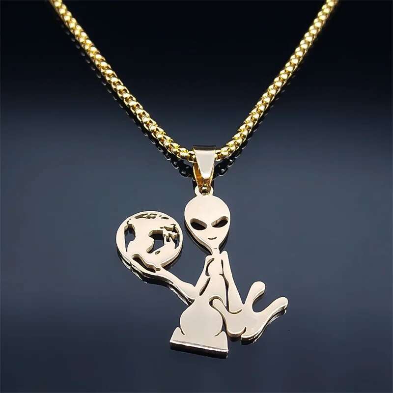 Y2K Alien Earth Pendant Necklace for Women/Men Stainless Steel Humanoid Chain Necklaces Fashion Jewelry collares para mujer
