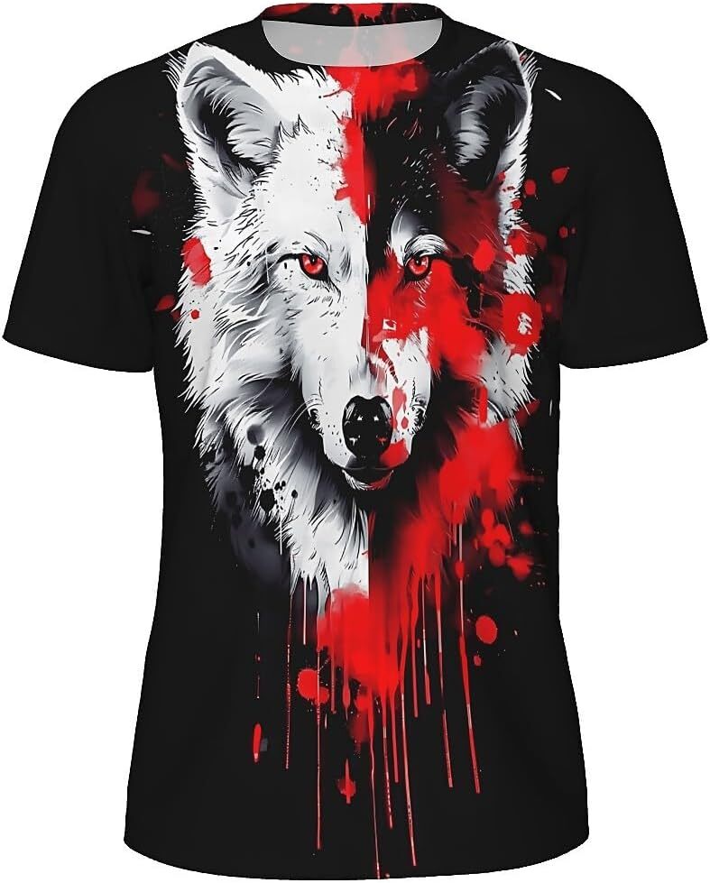 Mens T shirt Men's Novelty T-Shirts Graphic 3D Print Summer Short Sleeve Tee Shirt Red and White Wolf tee Casual tops summer clothes cool