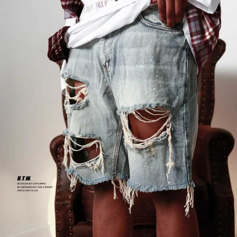Summer Mens Fashion Hiphop Hole Denim Shorts Rough Edge Beggars Capris Men Jeans Short PantsT250305