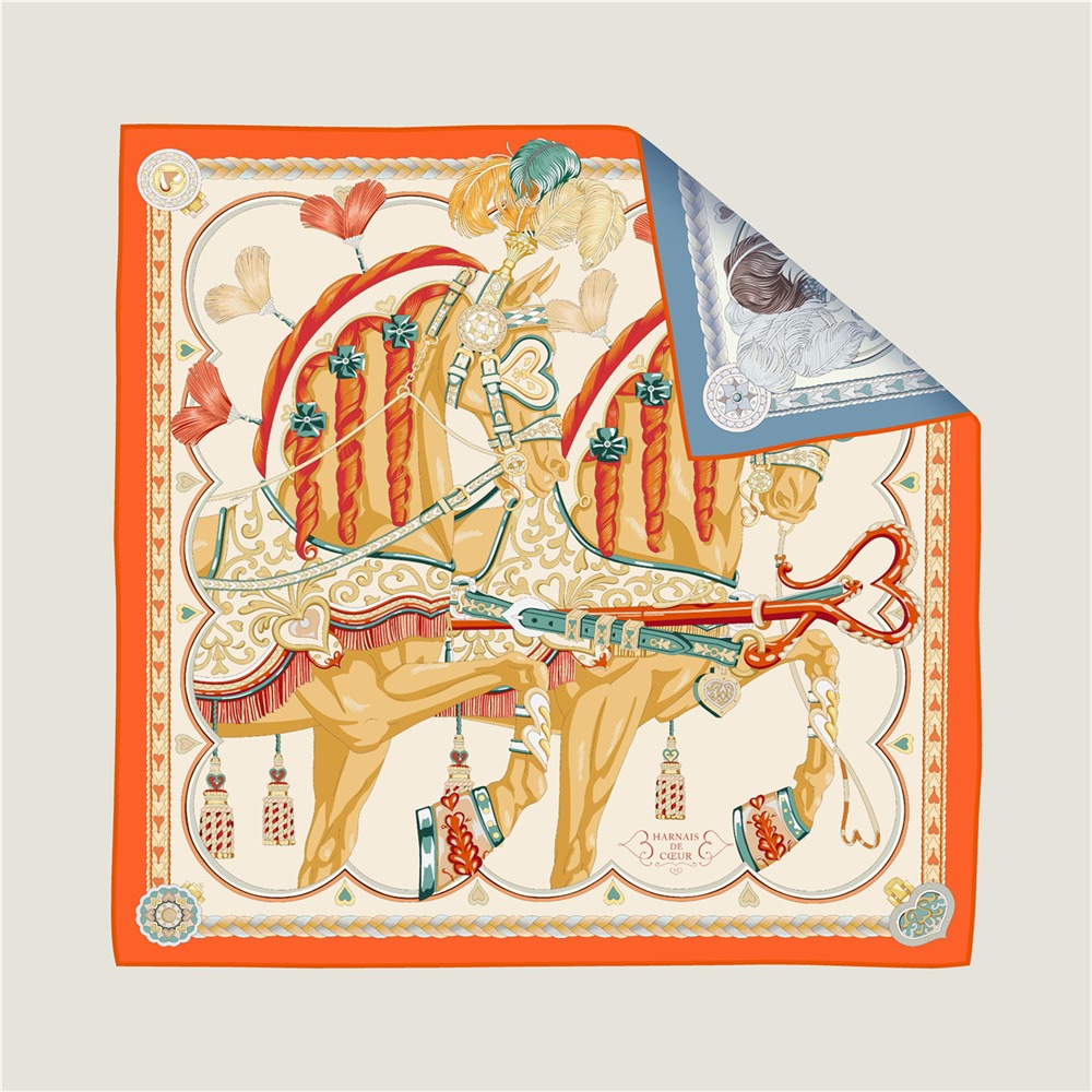 womens twill silk double-sided heterogeneous color silk scarf tassel war horse dancer printing 90cm large square scarves versatile neckerchief decorative scarf