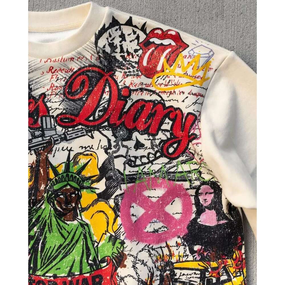 New Y2k T-shirt Men Women Harajuku Hip Hop Graffiti Print Design Mid Sleeves Long T-shirt Street Retro Round Neck Short Sleeves High
