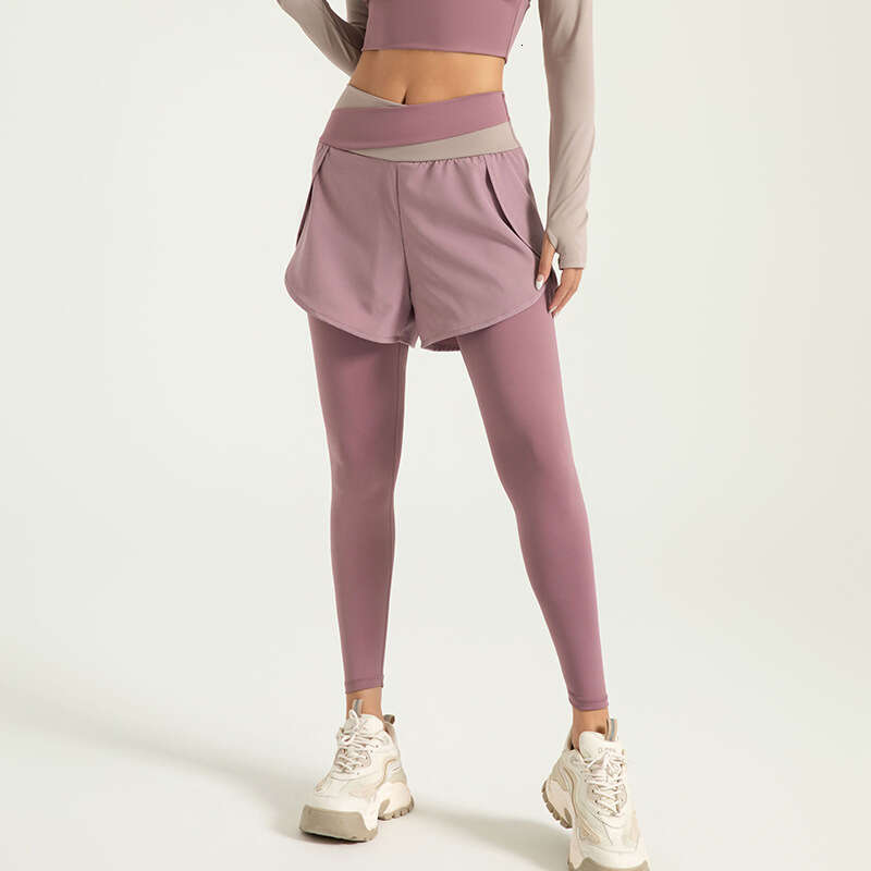 Special Area Color Blocking Fake Two-Piece With Anti Glare Running High Waisted Waist Contraction And Nude Feeling Exercise Yoga Pants KLMY