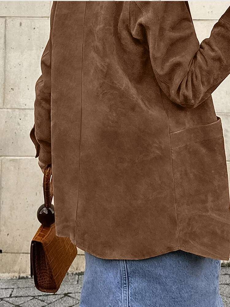Casual Suede Long Sleeve Jackets Women Autumn Loose Brown Lapel Coat Top With Pockets Female Elegant Chic Street New In Outwear