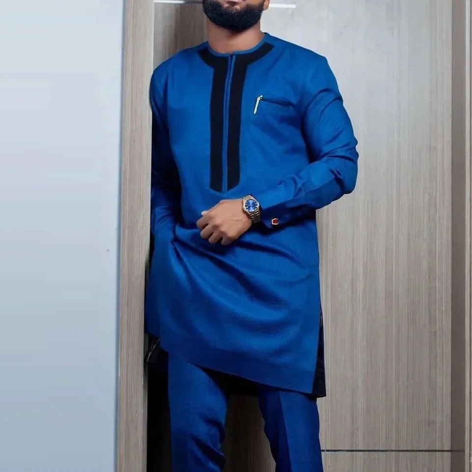 White Wedding Mens Kaunda Suit Long Sleeve Round Neck Top Pants African Ethnic Traditional Clothing 2-Piece Set Wear Outfits 250303