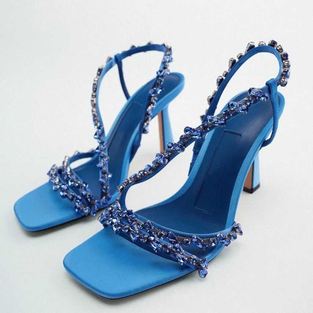 Summer new womens shoes with blue bead belt decorati fairy temperament square toe high heels slim heels sandals for womenXJ2500305