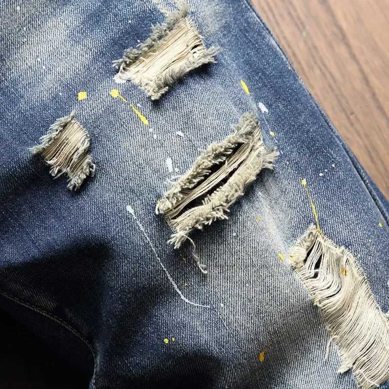 Summer Five Points Pants Denim Shorts Mens Fashion Scratch ripped Beggar Jeans Short Personality PaintT250305