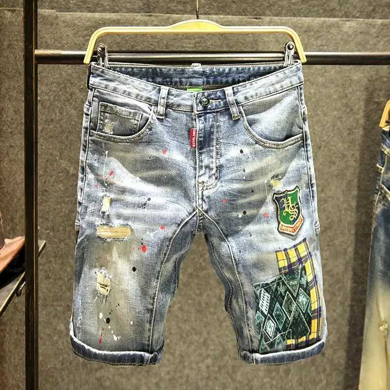 Male Denim Shorts Ripped Cut Spliced Graphic Mens Short Jeans Pants Y2k Fashion Original Summer Korean Vintage Buttons New InT250305