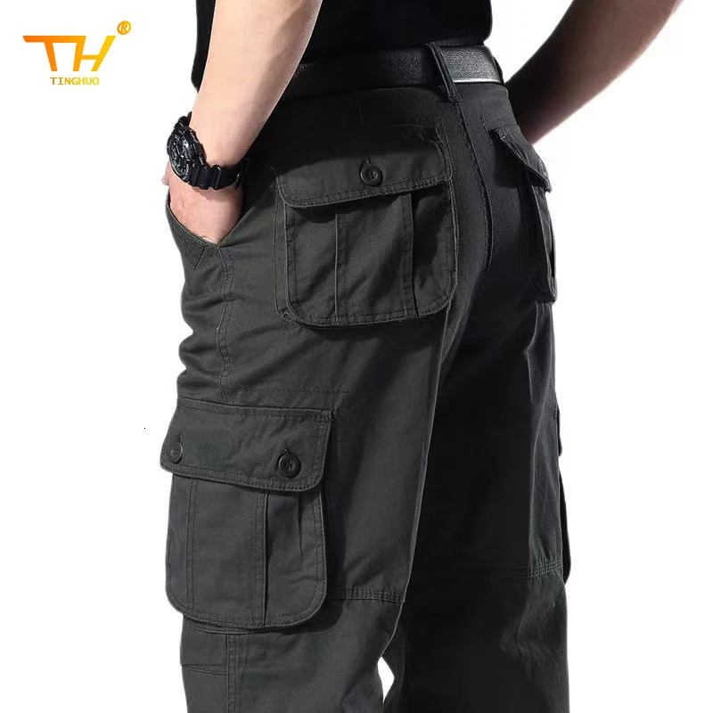 Mens tactical solid color coated highquality cotton multi pocket Trouser sports training casual work pants 250304