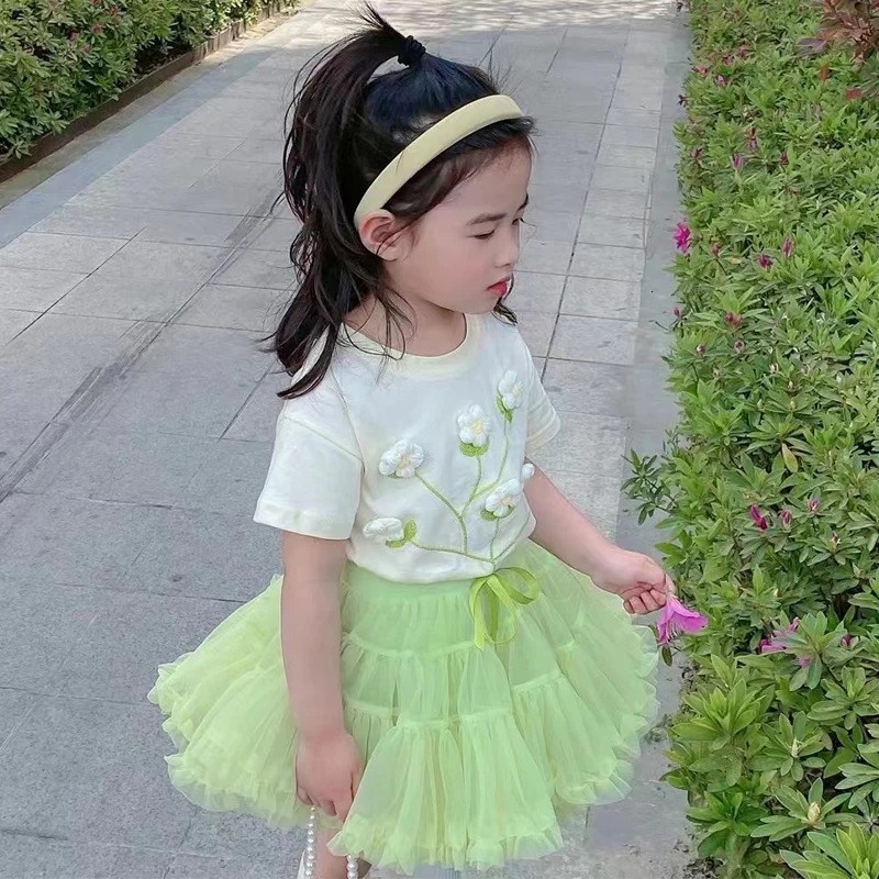 2 3 4 5 6 7 8 Years Girls Clothing Sets Summer Flower Tops And Tutu Skirt Little Princess Baby Suits Birthday Party Kids Clothes 250304