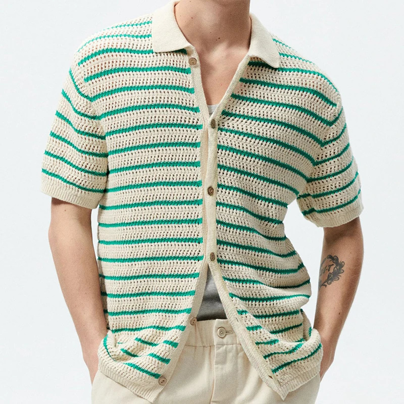 Mens Polo Shirt Light Knitted Clothing Vintage Striped Short Sleeve Fashion Leisure Hollow Out Knitwear M-3XL 250304