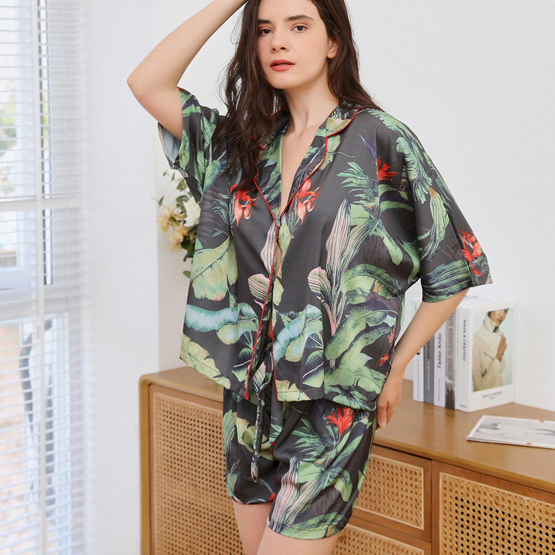 Summer Ladies' Silk Lounge Wear - Trendy Two-Piece Cotton Blend Nightgown Set with Print Design