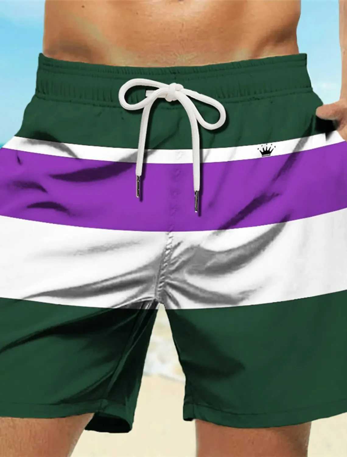 Mens Striped 3D Printed Swim Shorts Crown Design Elastic Waistband Hawaiian Style Beach and Vacation Summer 2024XJ250304