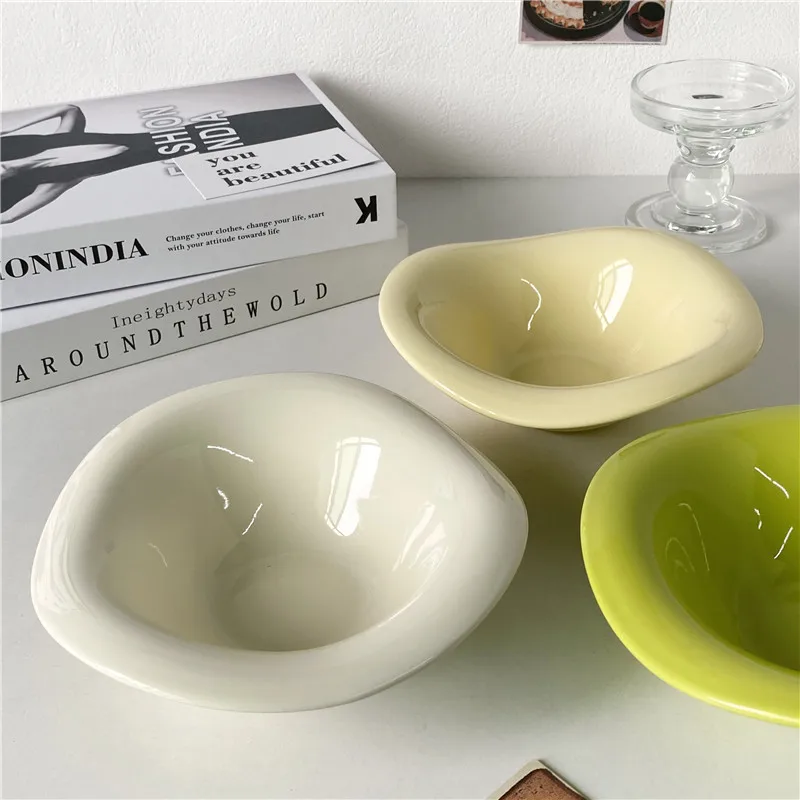 Nordic Style Ceramic Wavy Salad Bowl Irregular Solid Color Afternoon Tea Dessert Fruit Bowls Tableware Kitchen Home Decoration