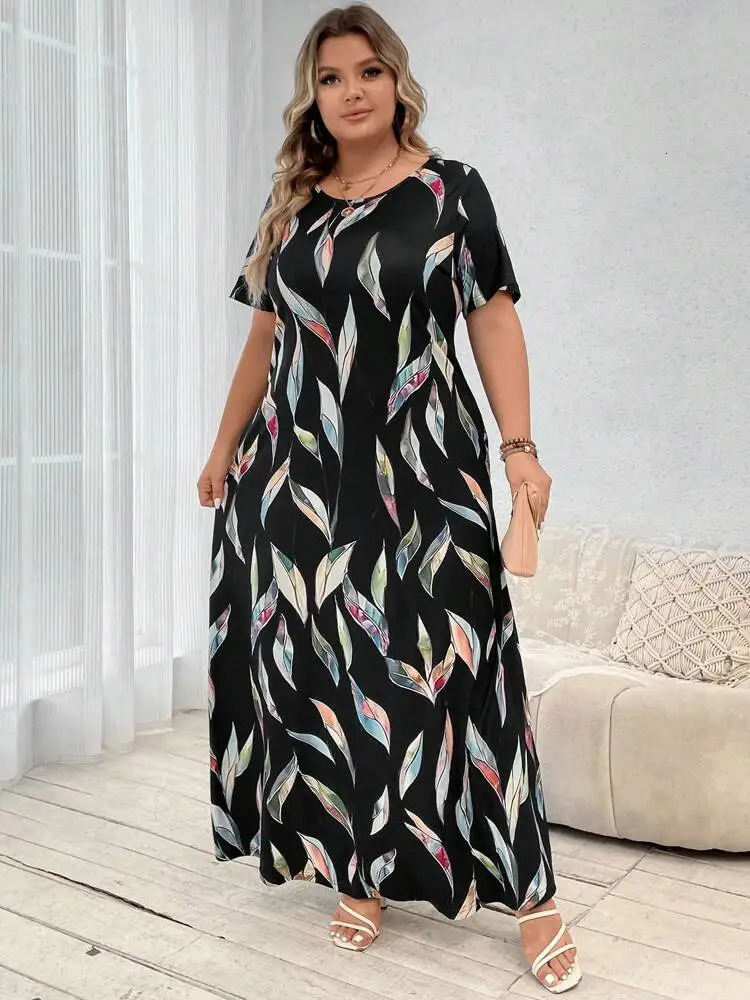 2024 SpringSummer Womens Fashion Short Sleeve plus size Printed Feather Large Size Dress 250225