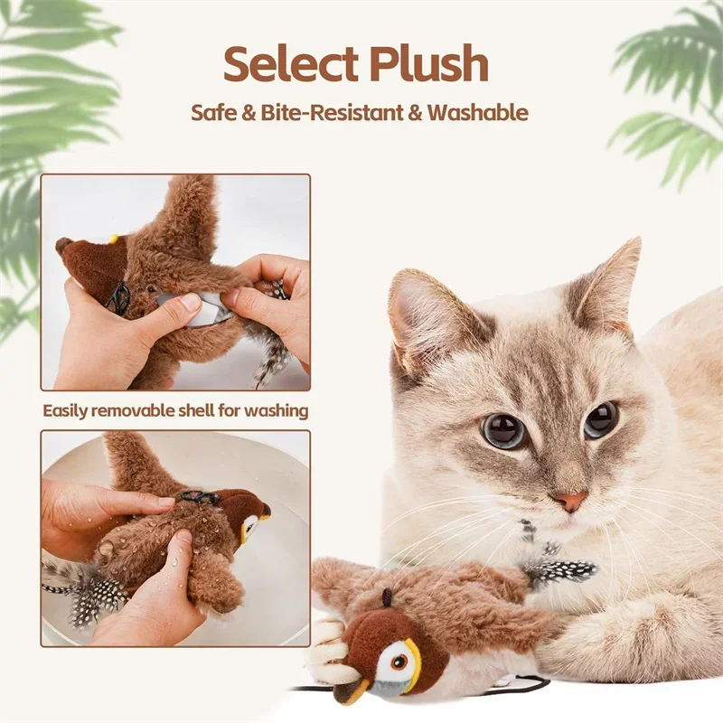 Interactive Cat Toy Flapping Bird with Catnip Rechargeable Simulation Bird Cat Toys Touch Activated Fluffy Plush Toys for Cats