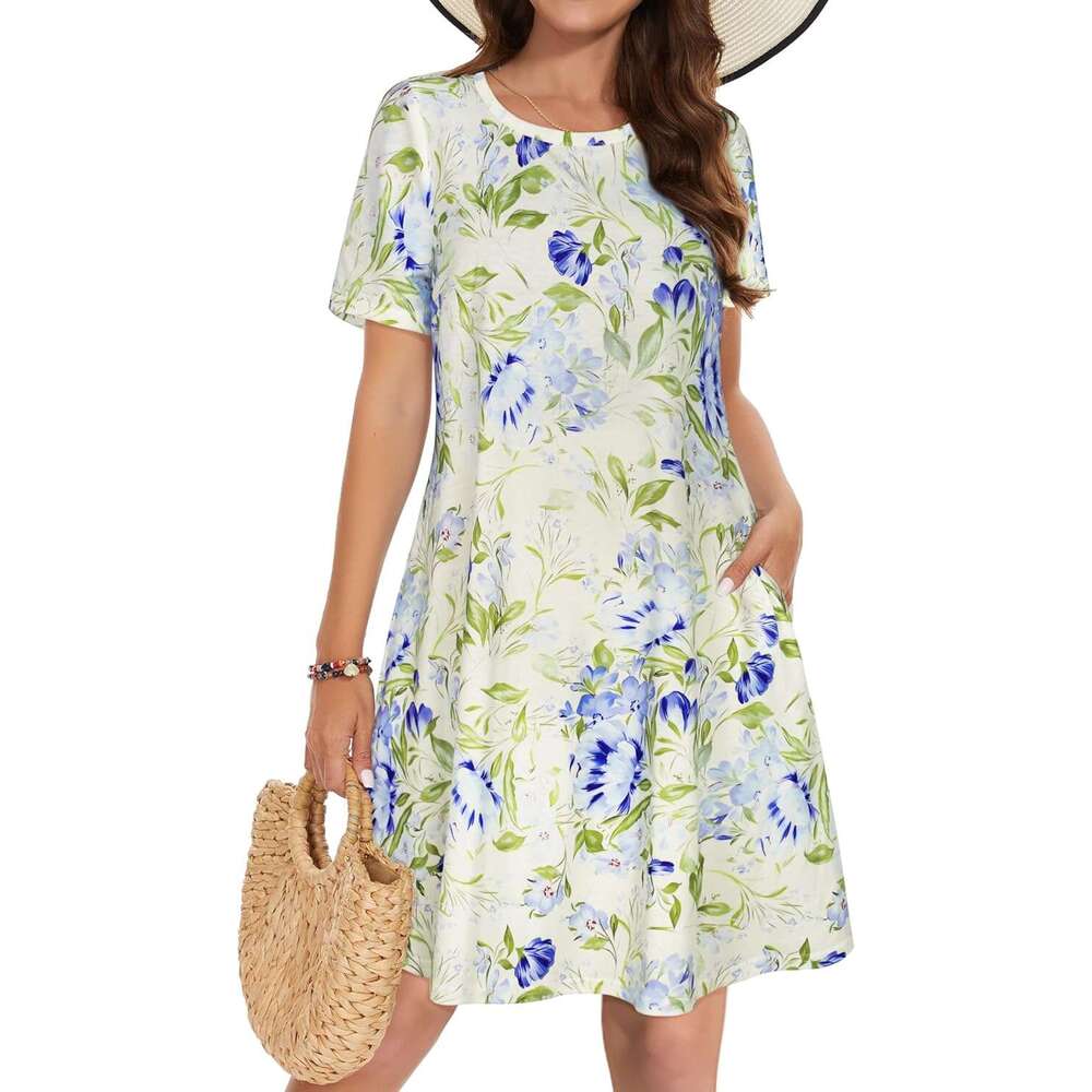 Women's summer dress casual T-shirt short sleeved floral vest skirt beach cover with pockets