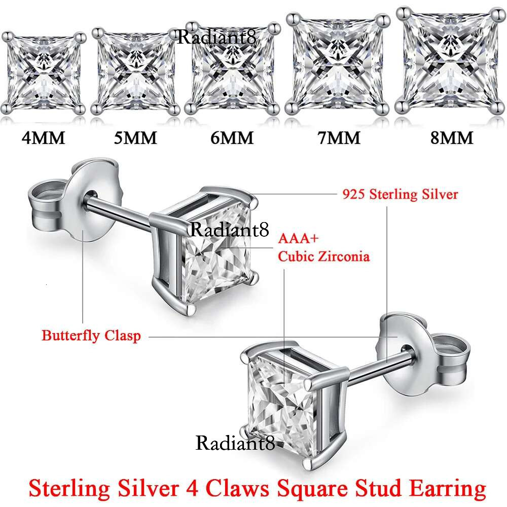 TTVOVO Sterg Crystal Stud for Women Men Square Pricess Cut Cubic Zirconia CZ Stone 4 Claws Earrings S Jewelry