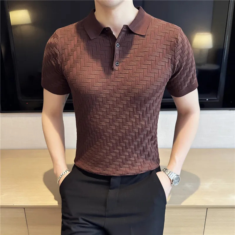 Mens Summer Casual Short Sleeves High Quality Knitted Polo ShirtsMale Slim Fit Ice Silk Plaid Leisure Polo Shirts Tops S-3XL 250304