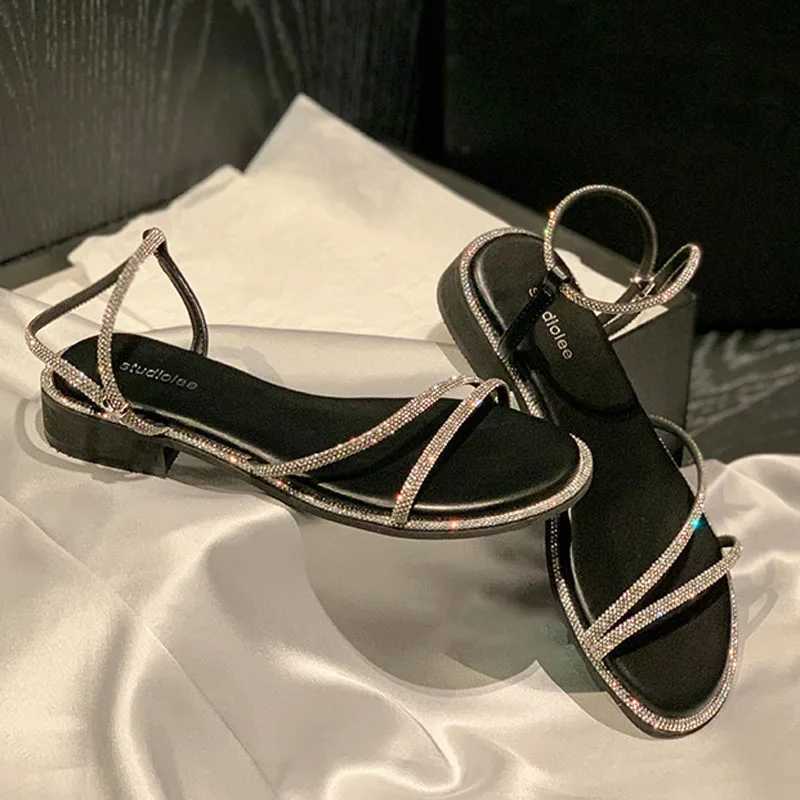 Sandals for Women Summer 2023 New Chunky Heel Fairy Wind Line with Bright Diamond Fairy Fi Roman Shoe TideXJ2500305