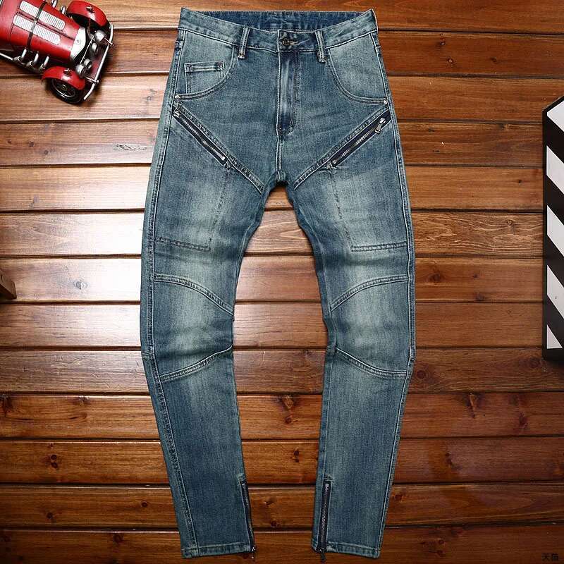 Street Style Zipper Design Motorcycle Jeans For Trendy Wild Stretch Slim Fit Skinny 2024 New Retro Trousers Men