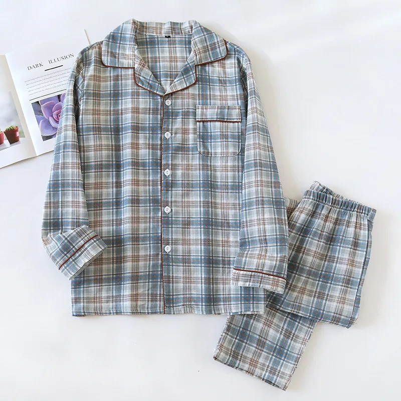 2025 Japanese Mens Pajama Set Spring/Summer Checkered Simple Long sleeved Two Piece Set 100%Cotton Cardigan Home Furnishing 250304