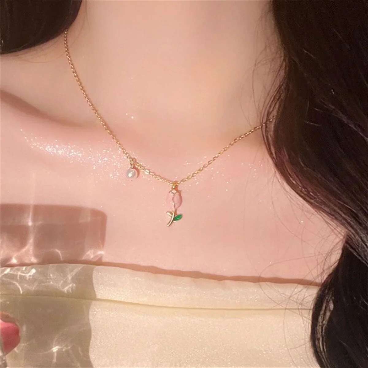 Elegant Enamel Pink Tulip wer Pendant Necklace Earring Women Charm Jewelry Young Girls Personality Accessories