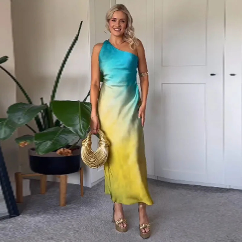 Gradient Satin Long Dres Elegant One Shoulder Sleeveless Backless Dresses Sexy Tiedye Party 250304