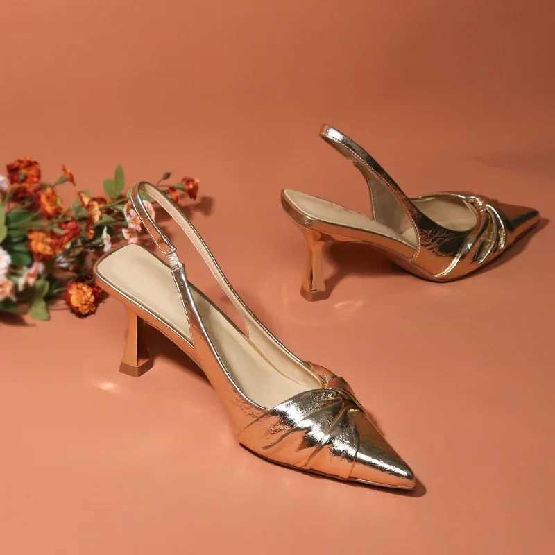Golden Pleated Sexy Womens Sandals Pointed High Heeled Fi Banquet High Heeled Sandals High Heeled Womens Shoes Y250304