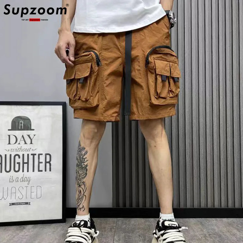 Supzoom Arrival Top Fashion Summer Loose Casual Belt High Street Trendy grid Stitching Pocket Personalized Shorts Men 250304