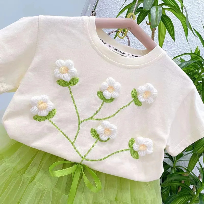 2 3 4 5 6 7 8 Years Girls Clothing Sets Summer Flower Tops And Tutu Skirt Little Princess Baby Suits Birthday Party Kids Clothes 250304
