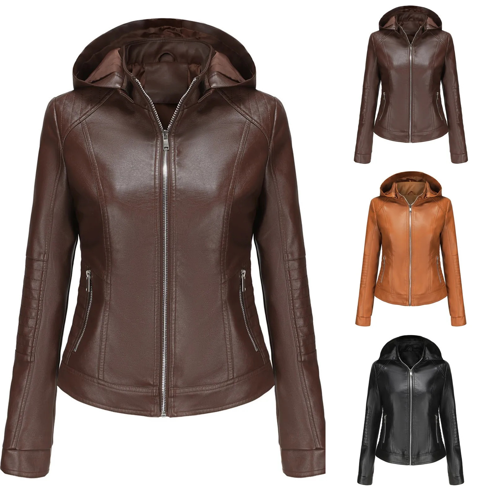 Womens Spring And Autumn Hooded Leather Coat Detachable Hat Windproof Short Casual Jacket Ladies Western Jackets 250226