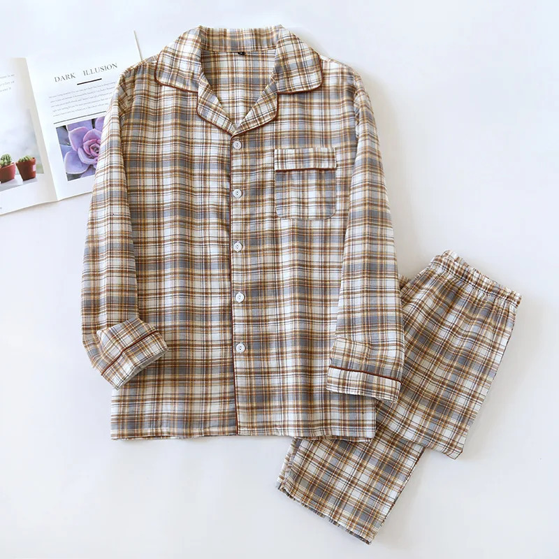 2025 Japanese Mens Pajama Set Spring/Summer Checkered Simple Long sleeved Two Piece Set 100%Cotton Cardigan Home Furnishing 250304