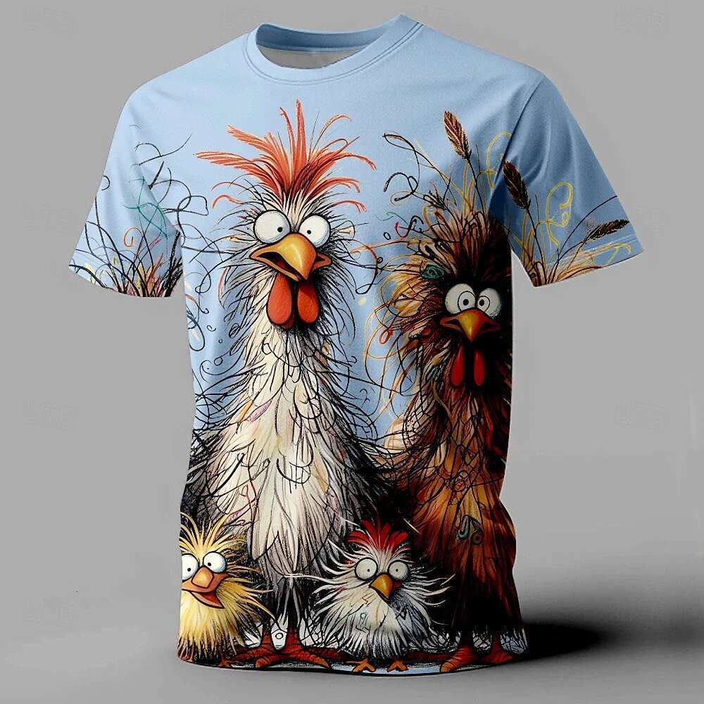 T-shirt short sleeves round neck for men, humorous and casual, printed animal chicken, street fashion, oversized clothing, summer
