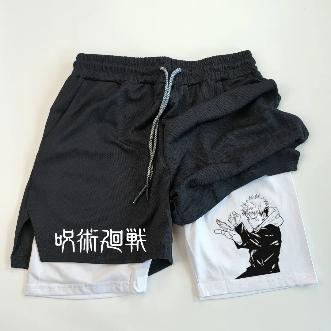 Itadori Yuji 2 in 1 Compression Shorts for Men Anime Jujutsu Kaisen Performance Basketball Sports Gym with Pockets 250224
