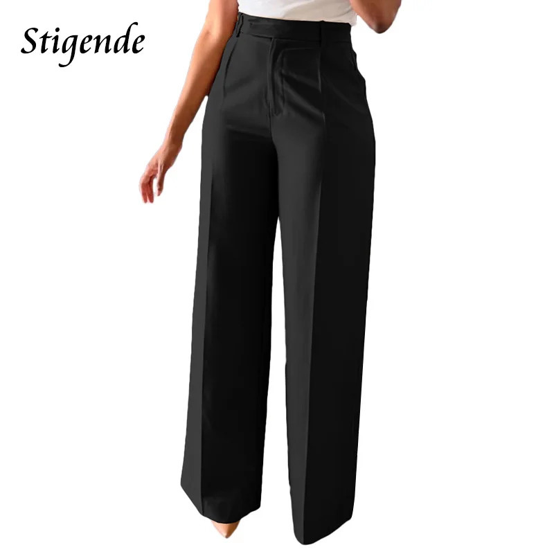 Stigende Wide Leg Straight Dress Pants with Pocket Women Plain Color Business Casual Pants Loose Fit Midi Waist Office Trousers 250304