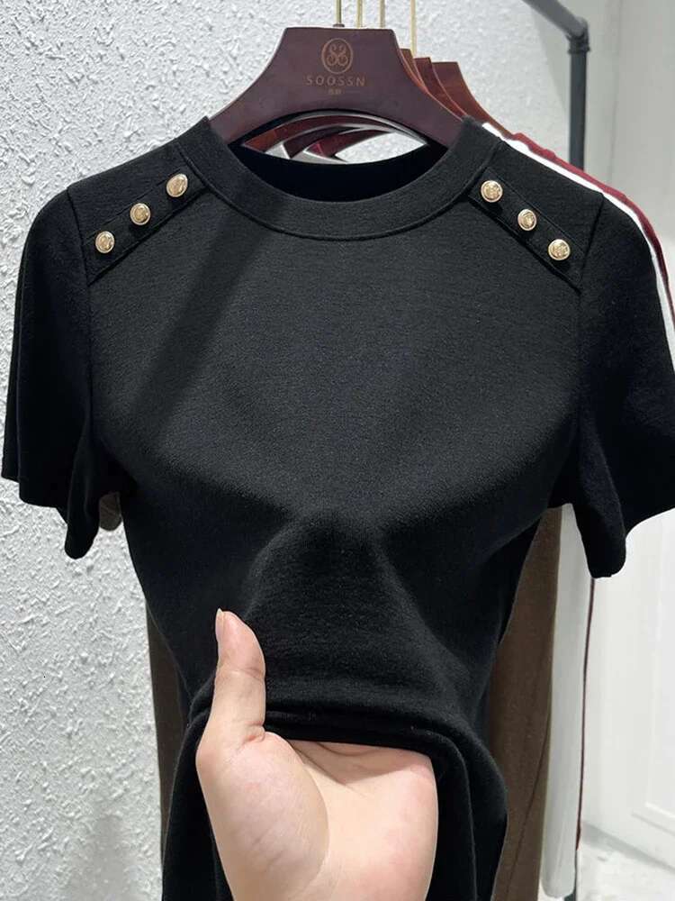 Office Lady Cotton T-Shirt With Medium Stretch For Women's Summer, Button Design Round Neck Slimming Top Gothic