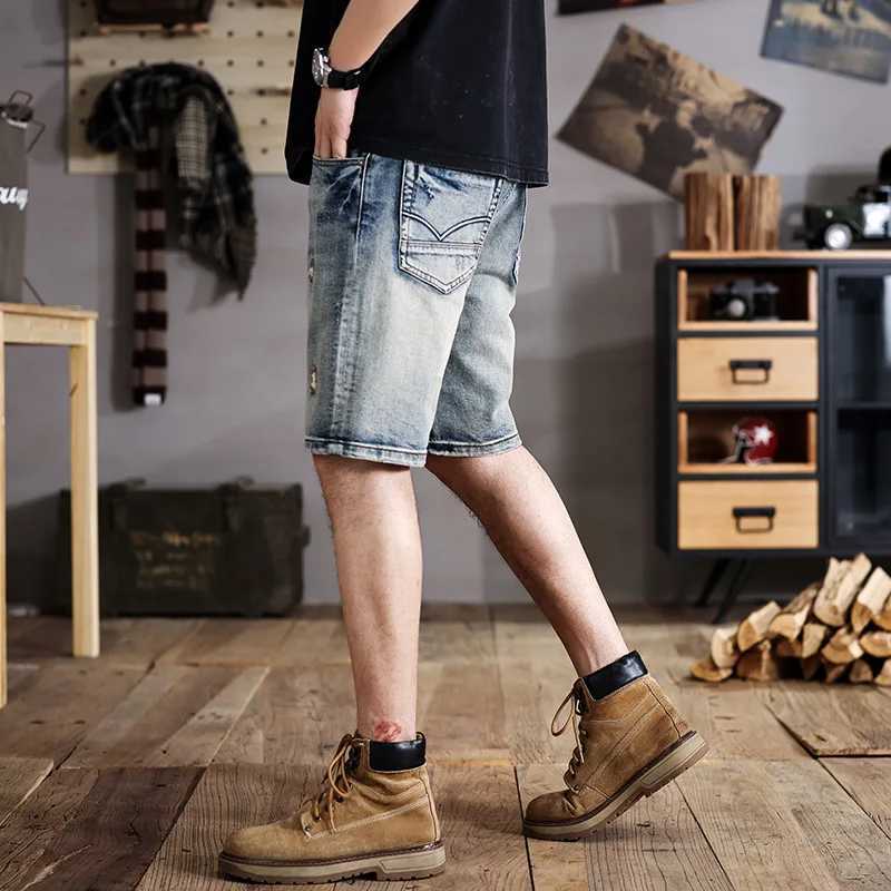 New washed do old denim shorts mens American retro Slim straight scrape tide leisure five-minute pantsT250305