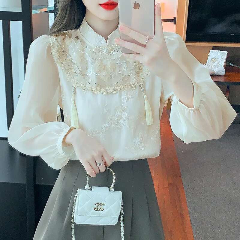 #2547 Spring Vinage Chiffon Women Stand Collar Ladies Tops And Blouses Split Joint Sequined Embroidery Long Sleeve Blouse