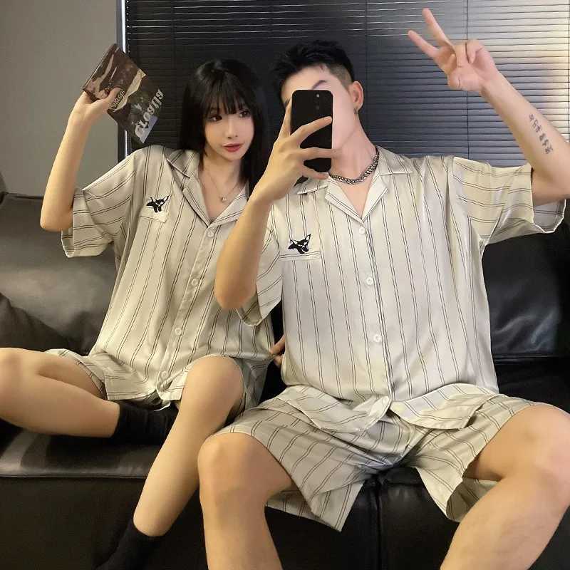 Women and Men Matching Cardigan Homewear Summer Ice Silk Pajamas Set for Couples Short Sleeves Shorts Pijamas for Lovers HombreT250305