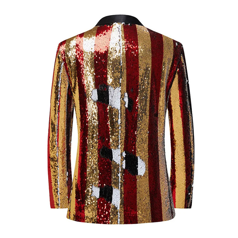 Mens Shining Sequin Stripes Suit Jackets Gold Red Shawl Collar Formal Blazer Male Singer Bar Concert Performance Tuxedo Costume 250304