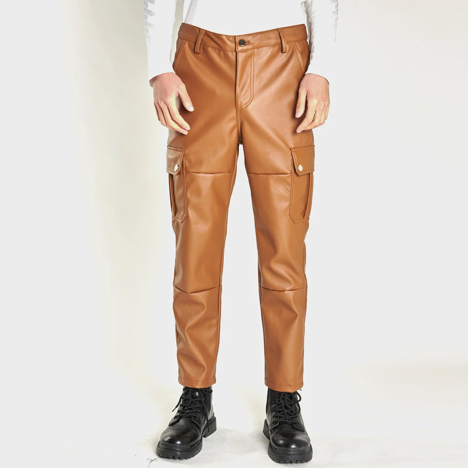 2214 Spring Autumn Camouflage Cargo Leather Pants Men Pockets Pencil Harem PU Plus Size Streetwear Faux Trousers 250304