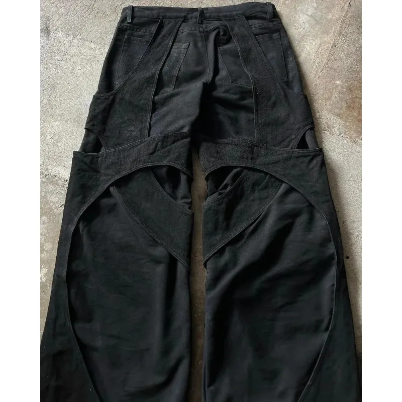 Black deconstructed hollow overalls narrow version high waist slim fashion retro street heavy industry trend trousers 250304