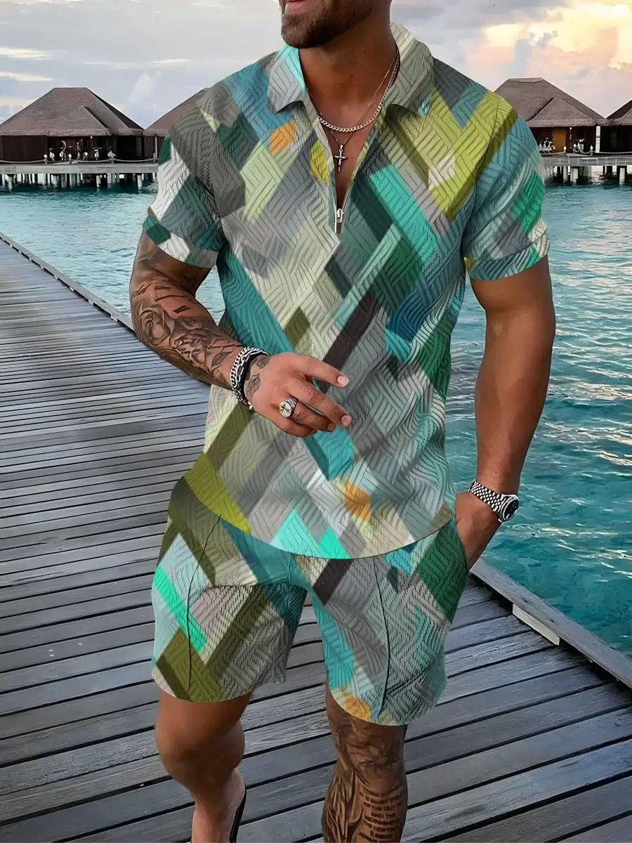 Summer Fashion Mens 3D Print Polo Shirts Short Sleeve Short Pants Color Gradient 2 Pcs Sets Golf Tracksuit Casual Beach Holiday 250304