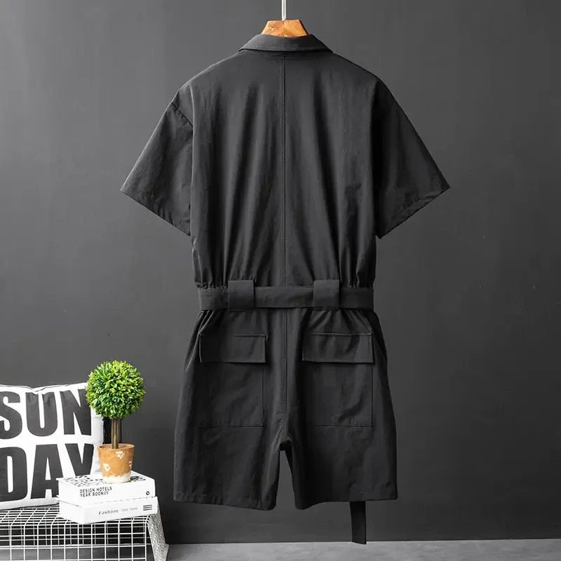 Black Casual Workwear Jumpsuits Men Korean High Street Youth Loose Fitting Short Sleeved Allinone Suit Safari Cargo Half Pants 250224