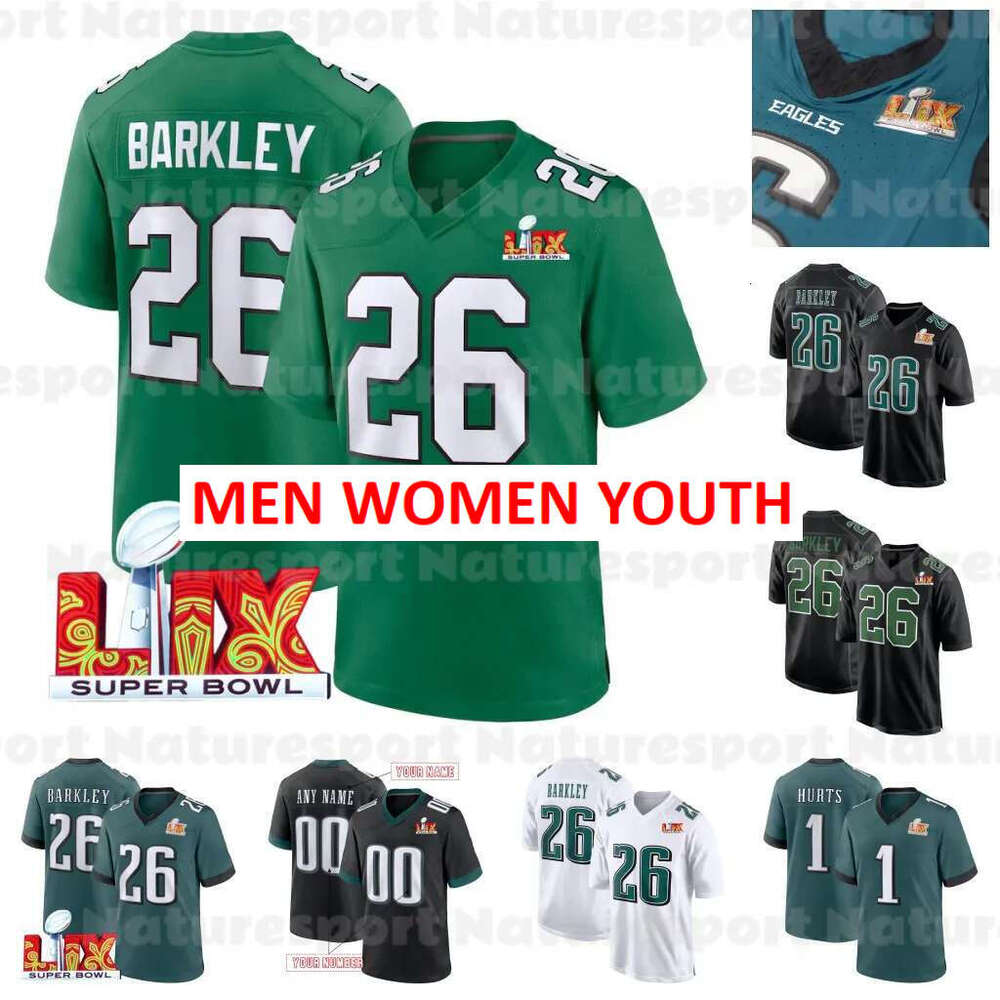 Custom Super Bowl Football Jersey 26 Barkley Hurts Kelce DeJean Brown DeVonta Carter White Men Women Youth Embroidered Letter Number Design