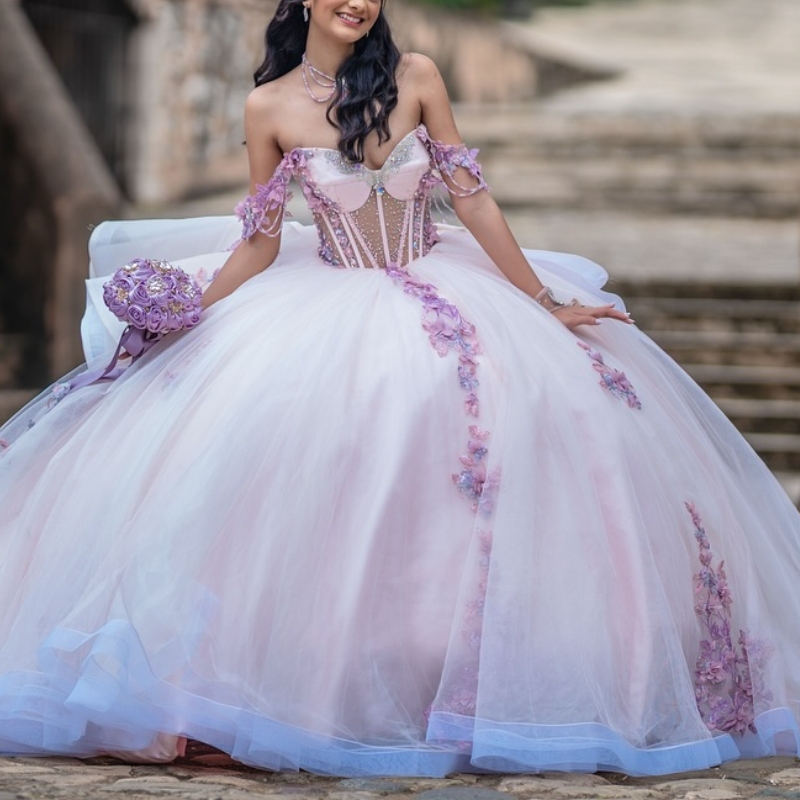 Light Pink Shiny Quinceanera Dresses Ball Gown Off Shoulder Applique Lace Beads Tull Corset Sweet 16 Dress Vestidos 15 De Anos