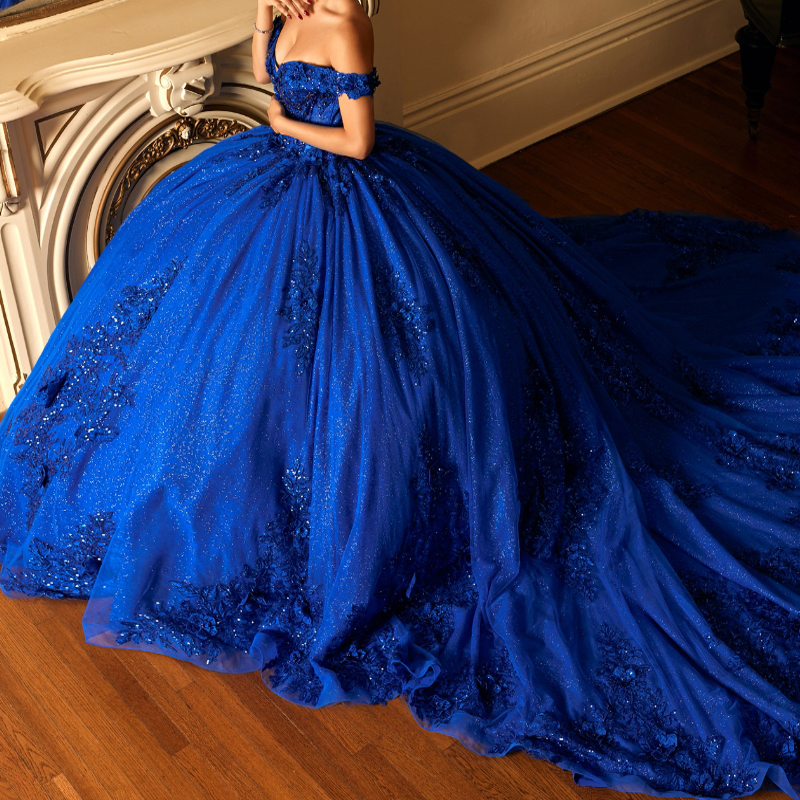 Royal Blue Shiny Quinceanera Dresses Ball Gown Off The Shoulder Applique Lace Beads Corset Tull Party Birthday Sweet 16 Vestidos 15 De Anos