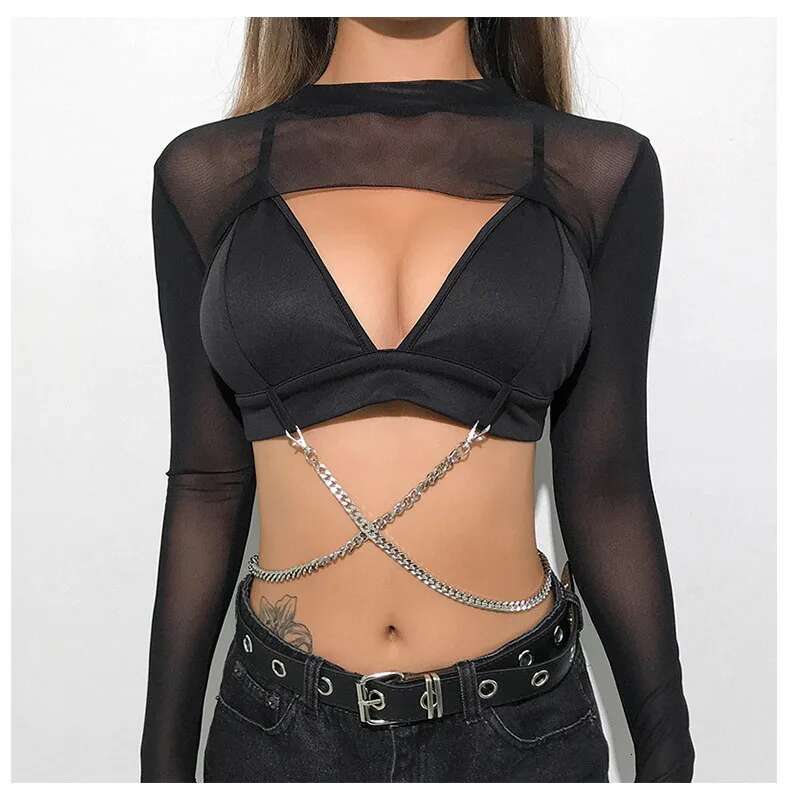 Crop Women Mesh Sleeve T-Shirt Sexy Hollow Out Transparent Tops Ladies T Shirt Black Top Casual T-Shirt Tee Shirts KLMY