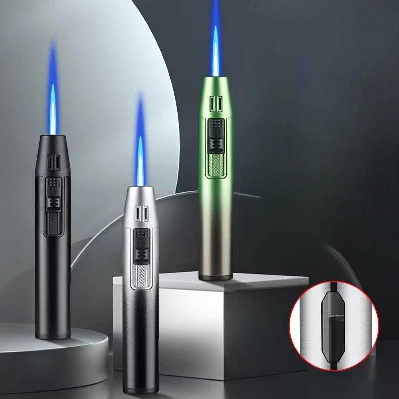 New Pen Metal Lighter Mini Spray Gun Inflatable Windproof Butane Gas Lighter Adjustable Straight Shot Blue Flame Cigarette ToolsT250305